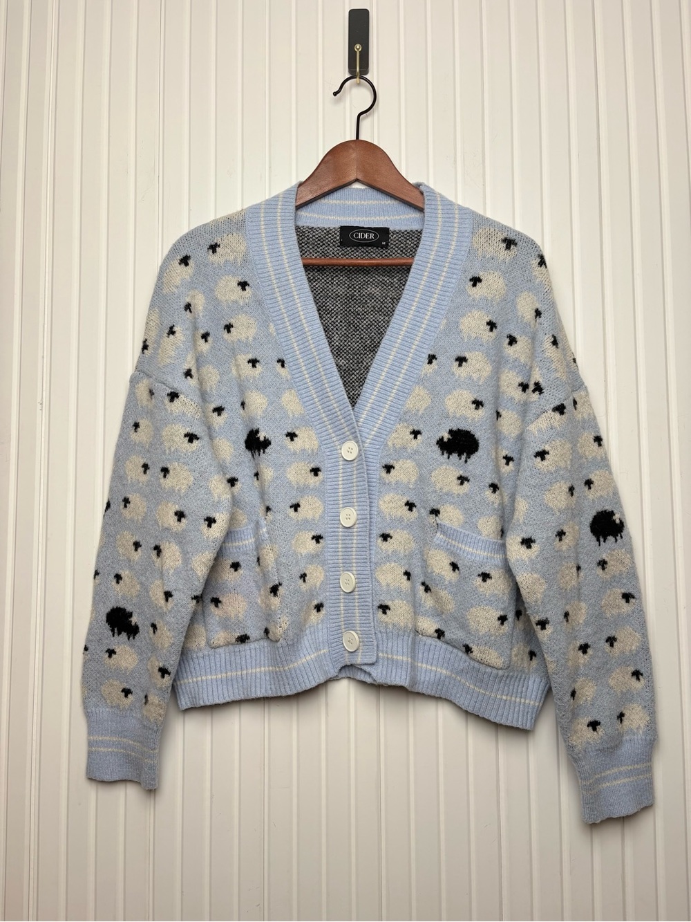 Cider Sheep Sweater Button Up Cardigan M Blue Whit All Over Print Novelty Cozy
